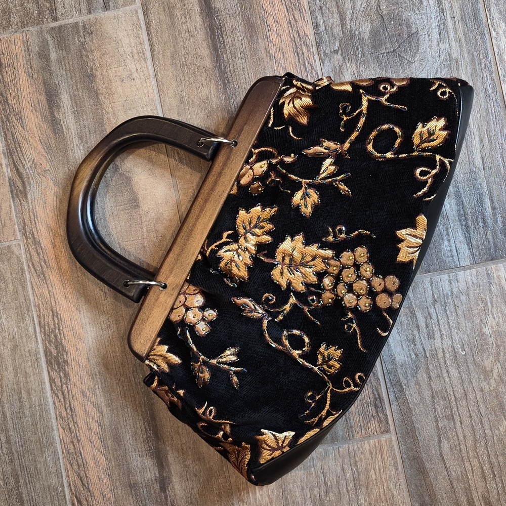 Vintage Black & Gold Grape Leaves Beaded Handbag w/ Wooden Handles